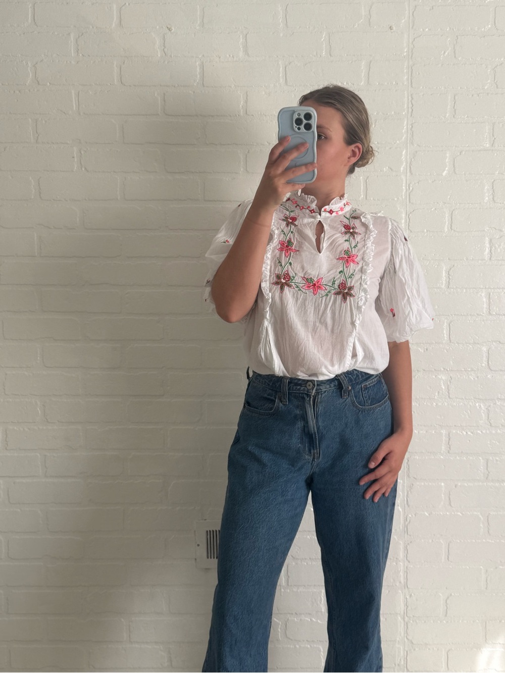 Banjanan White Floral Embroidered Cotton Blouse